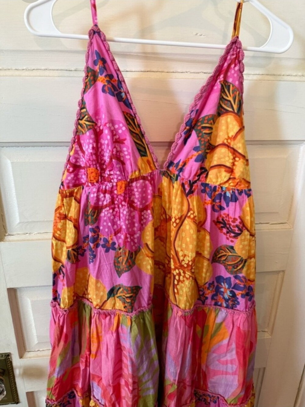 Farm Rio Gorgeous Tropical Pink & Yellow Tiered Maxi Sundress Large - Picture 2 of 8